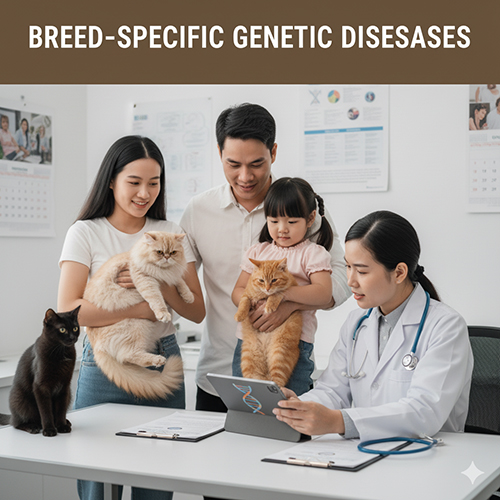 Gia đình cùng bác sĩ thú y xem kết quả xét nghiệm di truyền cho mèo, minh họa cho bệnh di truyền theo giống ở mèo