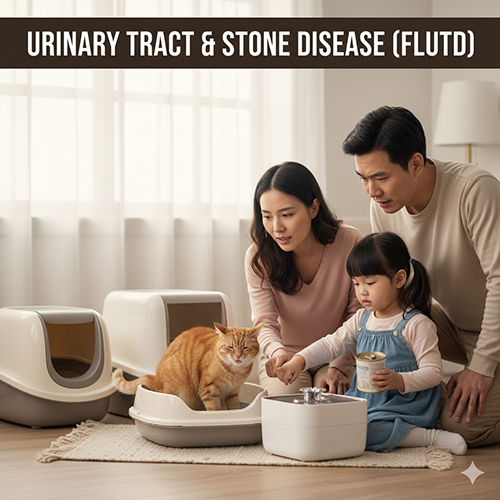 Gia đình quan sát mèo trong khay cát và chuẩn bị thức ăn ướt, minh họa cho bệnh đường tiết niệu và sỏi ở mèo