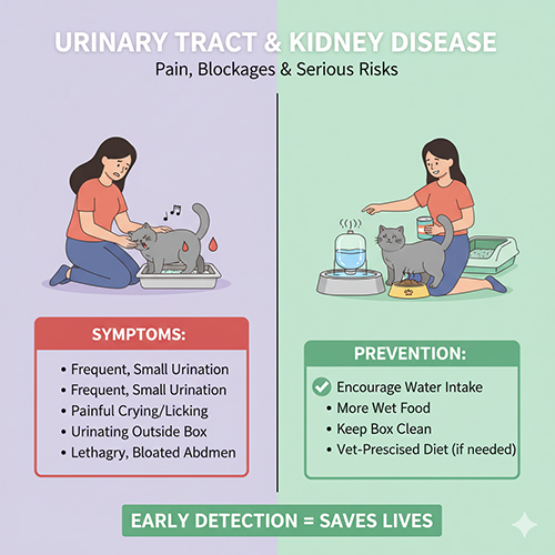 Minh họa mèo Anh lông ngắn gặp vấn đề khi đi tiểu và được chủ chăm sóc, bổ sung nước và thức ăn ướt để phòng ngừa bệnh thận và tiết niệu