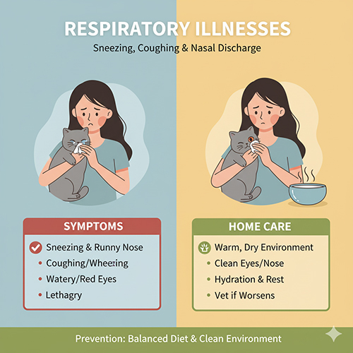 Minh họa mèo Anh lông ngắn bị hắt hơi, sổ mũi và được chăm sóc tại nhà trong môi trường ấm áp, sạch sẽ để phòng ngừa bệnh hô hấp