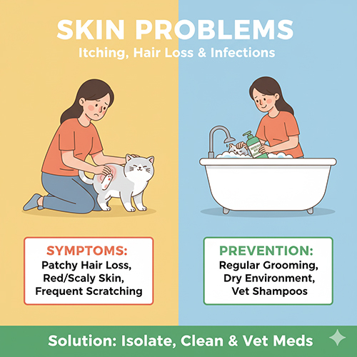Minh họa mèo Anh lông ngắn bị rụng lông, ngứa và được tắm vệ sinh để điều trị bệnh ngoài da, bao gồm nấm, ghẻ và viêm da