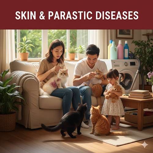 Gia đình chăm sóc và chải lông cho mèo trong phòng khách, minh họa cho bệnh ngoài da và ký sinh trùng ở mèo