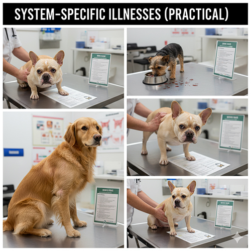 Tổng hợp hình ảnh bác sĩ thú y kiểm tra nhiều giống chó khác nhau tại phòng khám, minh họa các bệnh thường gặp theo từng hệ cơ quan như da, tiêu hóa, tiết niệu, răng miệng và cơ xương khớp.