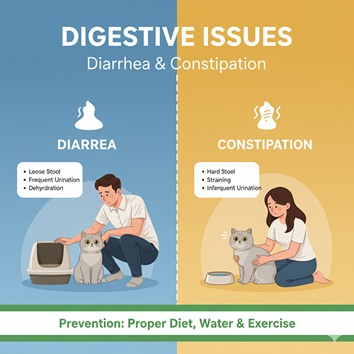 Minh họa hai tình huống mèo Anh lông ngắn bị tiêu chảy và táo bón, thể hiện sự khác biệt giữa phân lỏng và phân cứng cùng lời khuyên chăm sóc