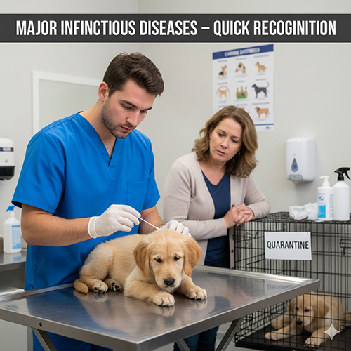 Bác sĩ thú y đang kiểm tra chó con Golden Retriever trong khu cách ly, có biển “Quarantine”, minh họa nhận biết sớm bệnh truyền nhiễm ở chó.