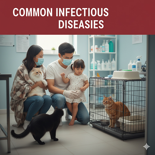 Gia đình đeo khẩu trang cùng mèo tại phòng khám thú y, minh họa cho chủ đề bệnh truyền nhiễm thường gặp ở mèo