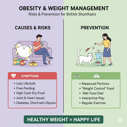 Minh họa mèo Anh lông ngắn bị béo phì và được chủ chăm sóc bằng chế độ ăn kiểm soát calo và tập luyện hàng ngày để duy trì cân nặng khỏe mạnh
