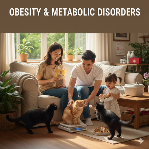 Gia đình cân mèo và cho ăn hạt, minh họa cho chủ đề béo phì và rối loạn chuyển hóa ở mèo