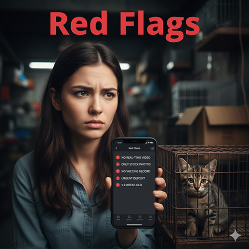 Các dấu hiệu cảnh báo khi mua mèo cảnh: không video thật, chỉ ảnh mạng, không sổ sức khỏe, cọc gấp, mèo quá nhỏ, giấy tờ mập mờ.