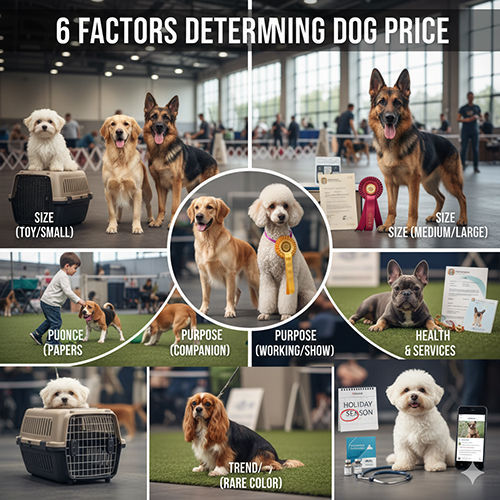 6 biến số ảnh hưởng đến giá chó: kích cỡ, mục đích nuôi, nguồn bán, giấy tờ, màu hiếm, dịch vụ kèm