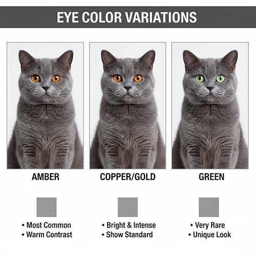 Ba chú mèo Anh lông dài xám với các màu mắt khác nhau: hổ phách, vàng đồng và xanh lá, thể hiện vẻ đẹp đặc trưng của giống ALD