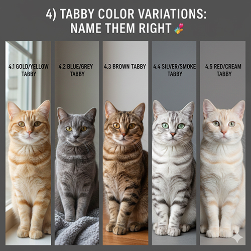 Các biến thể màu mèo tabby gồm vàng, xám blue, brown, silver và red cream đặt cạnh nhau để so sánh