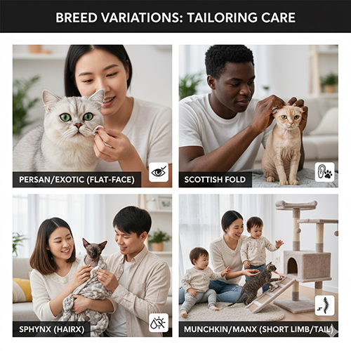 Bộ ảnh bốn giống mèo gồm Ba Tư, Scottish Fold, Sphynx và Munchkin cùng người chăm sóc trong không gian gia đình.