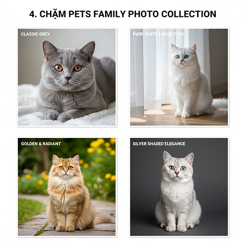 Bộ sưu tập ảnh mèo Anh gồm mèo xám, mèo trắng mắt xanh, mèo golden và mèo silver do Chạm Pets Family chụp thực tế