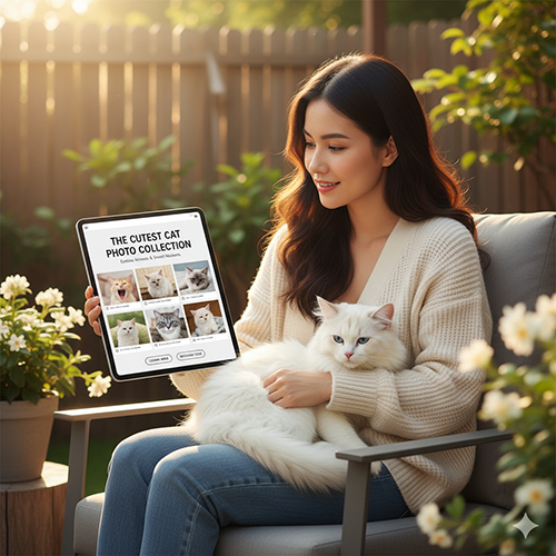 Người phụ nữ ngồi ngoài vườn buổi chiều, trên tay bế mèo trắng và cầm máy tính bảng hiển thị bộ sưu tập ảnh mèo dễ thương với nhiều biểu cảm đáng yêu