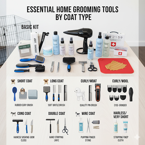 Bộ dụng cụ chăm lông chó tại nhà theo từng kiểu lông – hướng dẫn chọn và sử dụng slicker, comb, máy sấy, kéo cắt, dung dịch vệ sinh.
