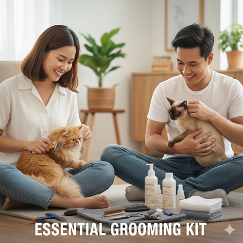 Gia đình đang chuẩn bị bộ dụng cụ grooming cho mèo gồm lược, bàn chải, dầu tắm và kềm cắt móng, minh họa cho bài viết về chăm sóc lông mèo đúng cách.