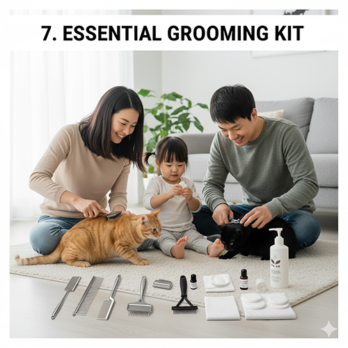 Gia đình đang chải lông và chăm sóc hai chú mèo với đầy đủ dụng cụ grooming như lược, kềm cắt móng, dầu tắm và khăn mềm.