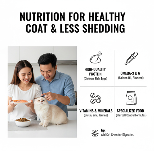 Cặp đôi đang cho mèo Anh lông dài ăn cá hồi và hạt khô, minh họa chế độ dinh dưỡng giúp lông khỏe và giảm rụng.