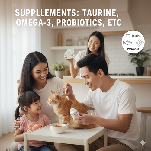 Gia đình cho mèo uống bổ sung dinh dưỡng, người cha cầm lọ viên nén, người mẹ cầm hộp men tiêu hóa, minh họa việc bổ sung taurine, omega-3 và probiotics cho mèo.