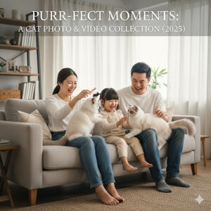 Gia đình vui vẻ chơi đùa cùng những chú mèo trong phòng khách sáng sủa, thuộc bộ sưu tập hình ảnh và video mèo năm 2025