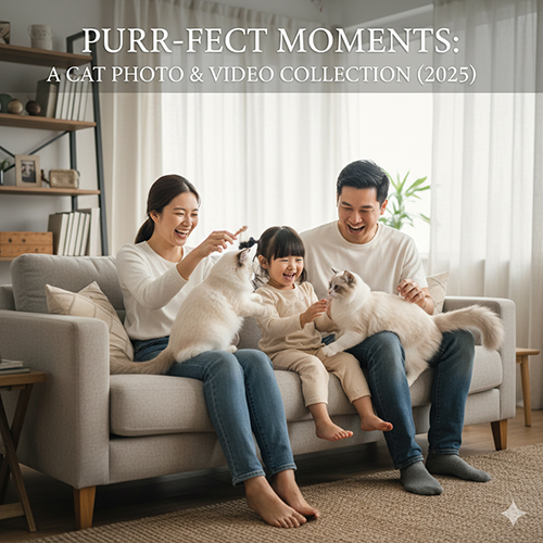 Gia đình vui vẻ chơi đùa cùng những chú mèo trong phòng khách sáng sủa, thuộc bộ sưu tập hình ảnh và video mèo năm 2025