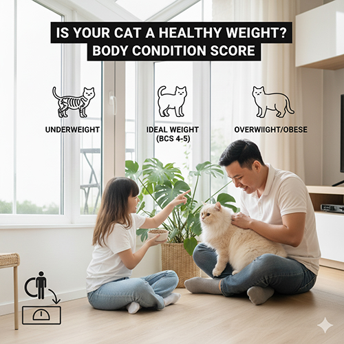 Bé gái cho mèo Anh lông dài ăn cùng cha, minh họa thang đo Body Condition Score (BCS) để đánh giá cân nặng mèo.