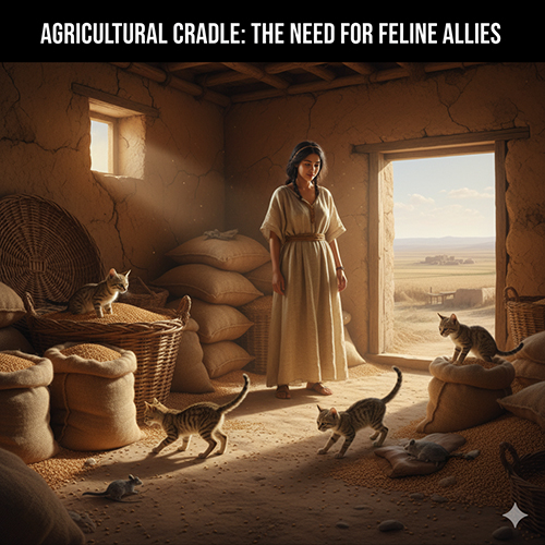 Người phụ nữ thời cổ đứng trong kho ngũ cốc giữa vùng Cận Đông, xung quanh là nhiều chú mèo đang săn chuột, minh họa sự khởi đầu của mối quan hệ cộng sinh giữa con người và mèo.