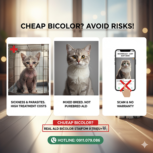 Ba hình minh họa cảnh báo rủi ro khi mua mèo Anh lông dài Bicolor giá rẻ – mèo bệnh, mèo lai và lừa đảo online