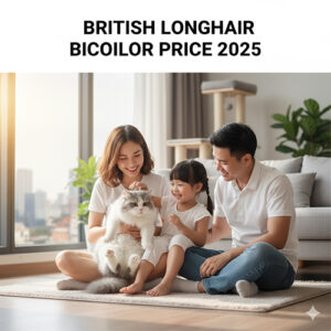 Mèo Anh lông dài Bicolor cùng gia đình trong phòng khách – hình minh họa cho bài viết giá mèo Anh lông dài 2 màu năm 2025