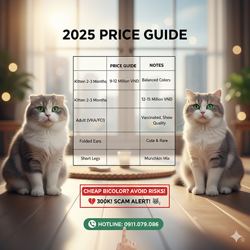 Hai chú mèo Anh lông dài Bicolor ngồi cạnh bảng giá minh họa cho hướng dẫn giá năm 2025