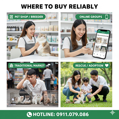 Bốn hình minh họa các địa điểm mua mèo Anh lông dài Bicolor uy tín – shop thú cưng, nhóm online, chợ truyền thống và nhận nuôi cứu hộ
