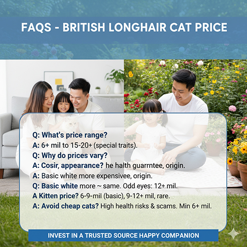 Gia đình vui chơi cùng mèo Anh lông dài trong vườn – minh họa phần câu hỏi thường gặp về giá mèo ALD 2025