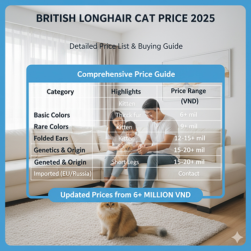 Gia đình chơi với mèo Anh lông dài trong phòng khách – minh họa bảng giá mèo Anh lông dài 2025