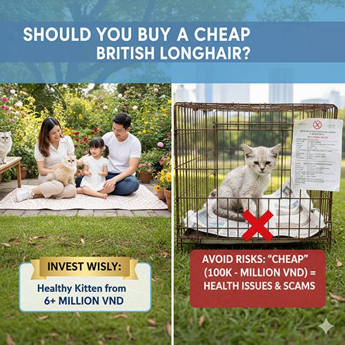 So sánh mèo Anh lông dài khỏe mạnh và mèo giá rẻ trong lồng – cảnh báo rủi ro khi mua mèo giá thấp