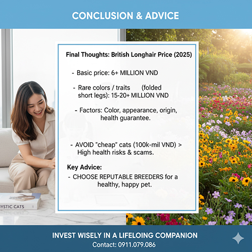 Cô gái ngồi bên mèo Anh lông dài trong căn phòng sáng, minh họa phần kết luận và lời khuyên khi mua mèo năm 2025