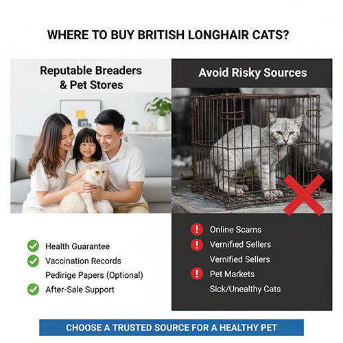 So sánh giữa mua mèo Anh lông dài tại trại uy tín và nguồn rủi ro như chợ thú cưng hoặc người bán online