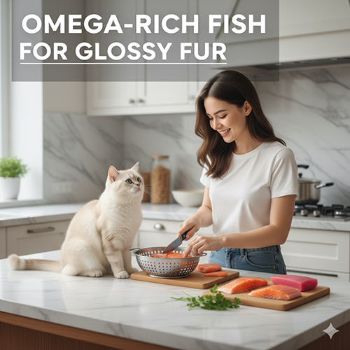 Mèo Anh lông ngắn ngồi trên bàn bếp nhìn chủ chuẩn bị cá hồi tươi, nguồn cung cấp omega-3 tự nhiên.