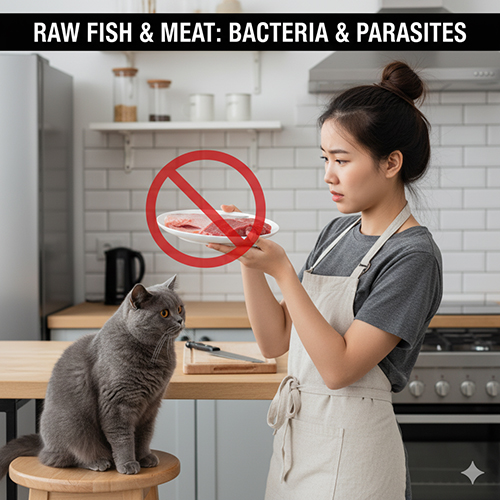 Mèo Anh lông ngắn nhìn lên đĩa thịt sống bị gạch chéo đỏ mà chủ đang cầm trên tay trong bếp.