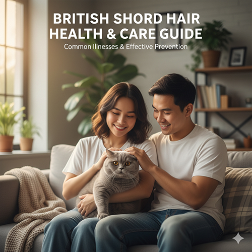 Cặp đôi trẻ vuốt ve mèo Anh lông ngắn xám xanh trong phòng khách, minh họa cho bài viết về các bệnh thường gặp và cách chăm sóc mèo Anh lông ngắn