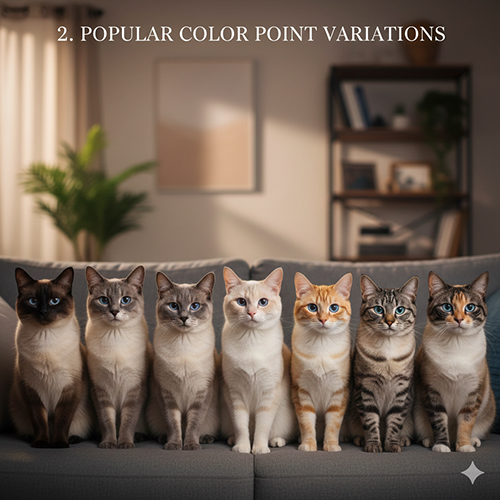 Các biến thể mèo Hyma color point phổ biến như seal point, blue point, lynx point