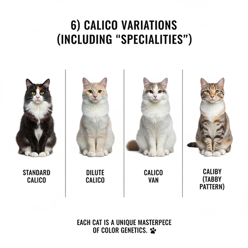 Các biến thể mèo tam thể calico gồm calico chuẩn, dilute calico, calico van và caliby