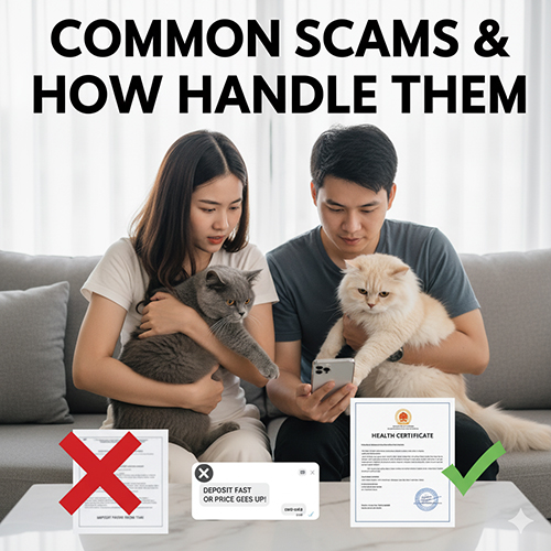 Cặp đôi ôm hai mèo Anh, xem điện thoại cùng giấy chứng nhận sức khỏe, minh họa cho bài viết về các chiêu lừa mua mèo Anh phổ biến và cách xử lý an toàn