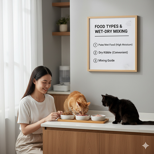 Chủ cho hai mèo ăn trên quầy bếp, ba bát gồm pate ướt và hạt khô, bảng “Food Types & Wet-Dry Mixing” treo tường.