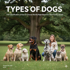 Các giống chó – Phân loại đầy đủ & cách chọn giống phù hợp cho gia đình (2025) 🐶📚; ảnh nhóm nhiều giống chó ngồi cạnh người trong công viên, phong cách bìa bài viết
