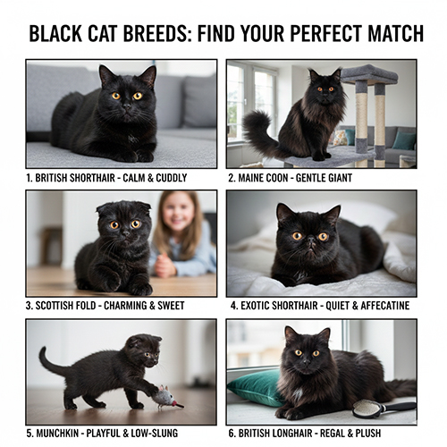 Các giống mèo đen phổ biến như mèo Anh lông ngắn, Maine Coon, Scottish, Exotic và Munchkin với ngoại hình khác nhau