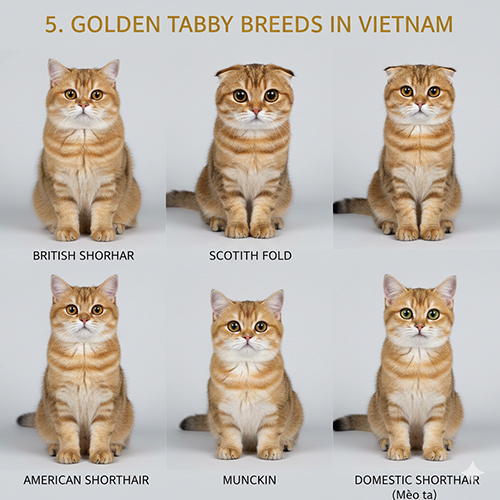 Các giống mèo thường gặp màu mướp vàng tại Việt Nam như ALN, Scottish, Munchkin và mèo ta