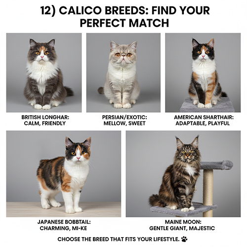 Các giống mèo phổ biến có màu tam thể calico như Anh lông dài, Ba Tư, American Shorthair và Maine Coon