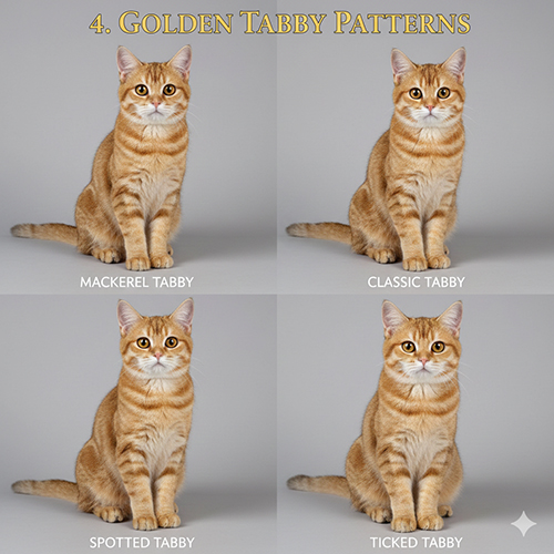 Bốn kiểu họa tiết mèo mướp vàng gồm mackerel, classic, spotted và ticked tabby