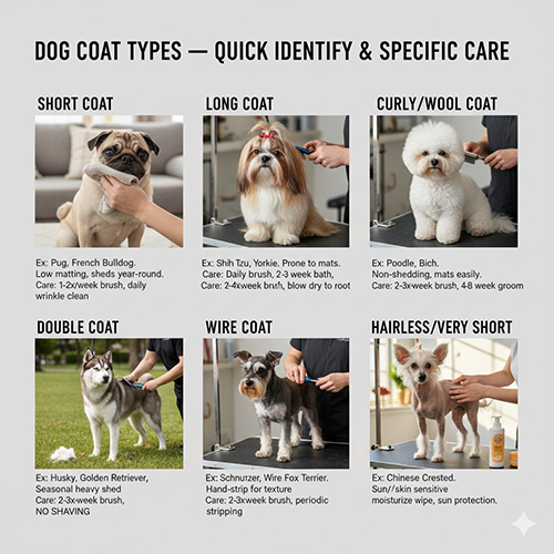 Các kiểu lông chó – hướng dẫn nhận diện nhanh và chăm sóc riêng cho từng loại lông: ngắn, dài, xoăn, kép, nhám, không lông.